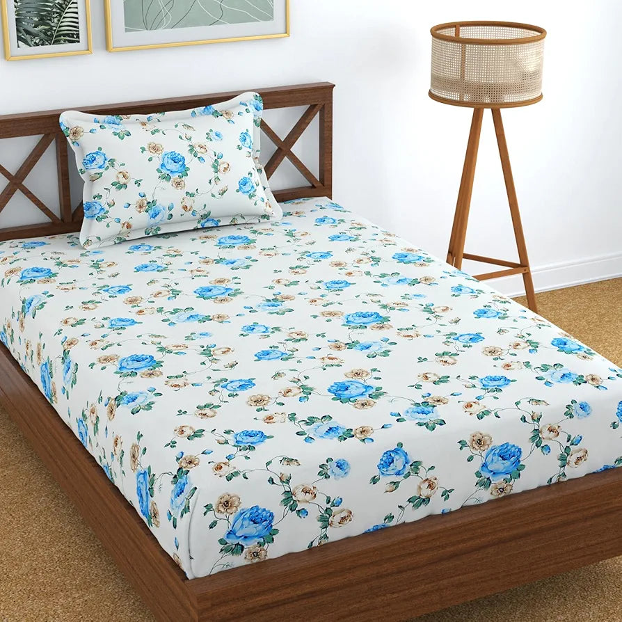 Homefab India 180 TC Glace Cotton Single BedSheet with 1 Pillow Cover - Blue