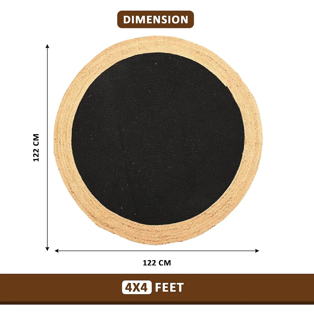 Kuber Industries 4x4 Feet Round Jute Rug & Carpet for Home/Bedroom | Natural Looking Floor Rugs for Living Room | Beige & Black