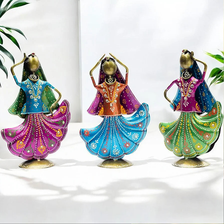 KRAFTSKALA Set of 3 Metal Figurine Dancers Home Decor Item for Living Room, Bedroom, Wedding Festive Housewarming Gift Showpiece Rajasthani Dancing Dolls