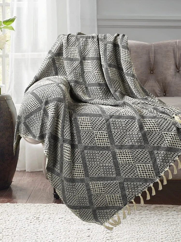 SASHAA WORLD Unique Geometric Throw Bedcover | Throw Bedspreads, Perfect for Lounging, Cotton Bedsheet | Black/Grey Bedcover | 80 x 60 inch