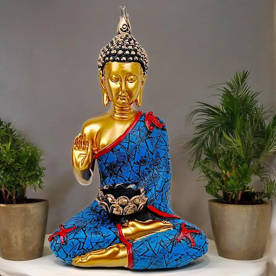 NEELAYA Meditating Buddha Statue with Tealight Candle Holder Polyresin Showpiece for Home Decor Living Room Office Vastu Gift Housewarming 28 cm Gold Blue