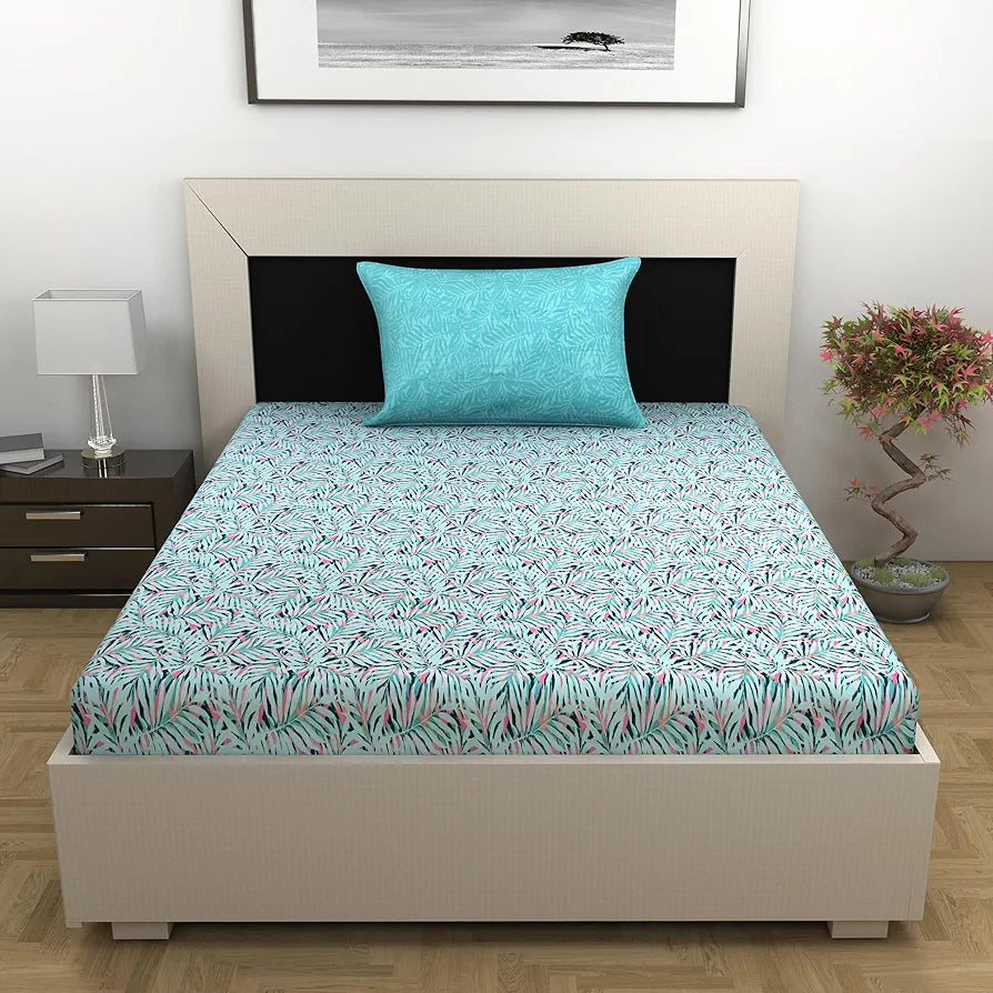 Divine Casa 144 TC 100% Pure Cotton Single Size Bedsheet with 1 Pillow Cover | Soft, Durable & Skin-Friendly Fabric for All-Season Comfort & Use | Size 223 x 145 CM | Tropical Leaf | Light Blue Pink