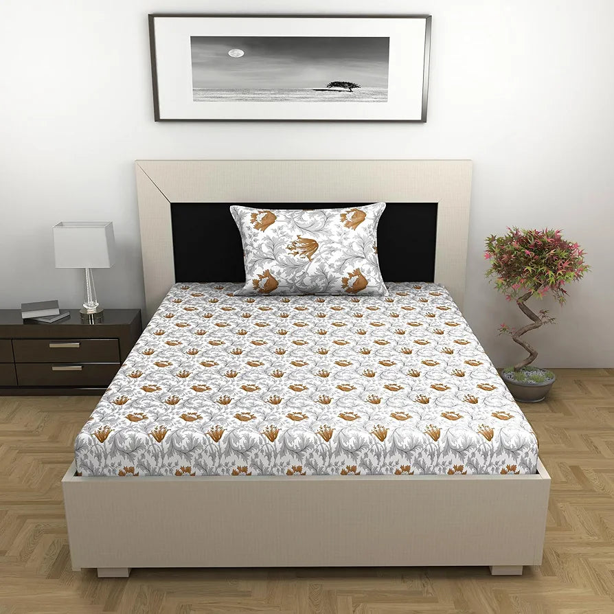 Divine Casa Bedsheet for Single Size Bed 144 TC Cotton Bedsheet for Single Size Bed with 1 Pillow Cover  Floral Amber Grey Cotton Bedsheet