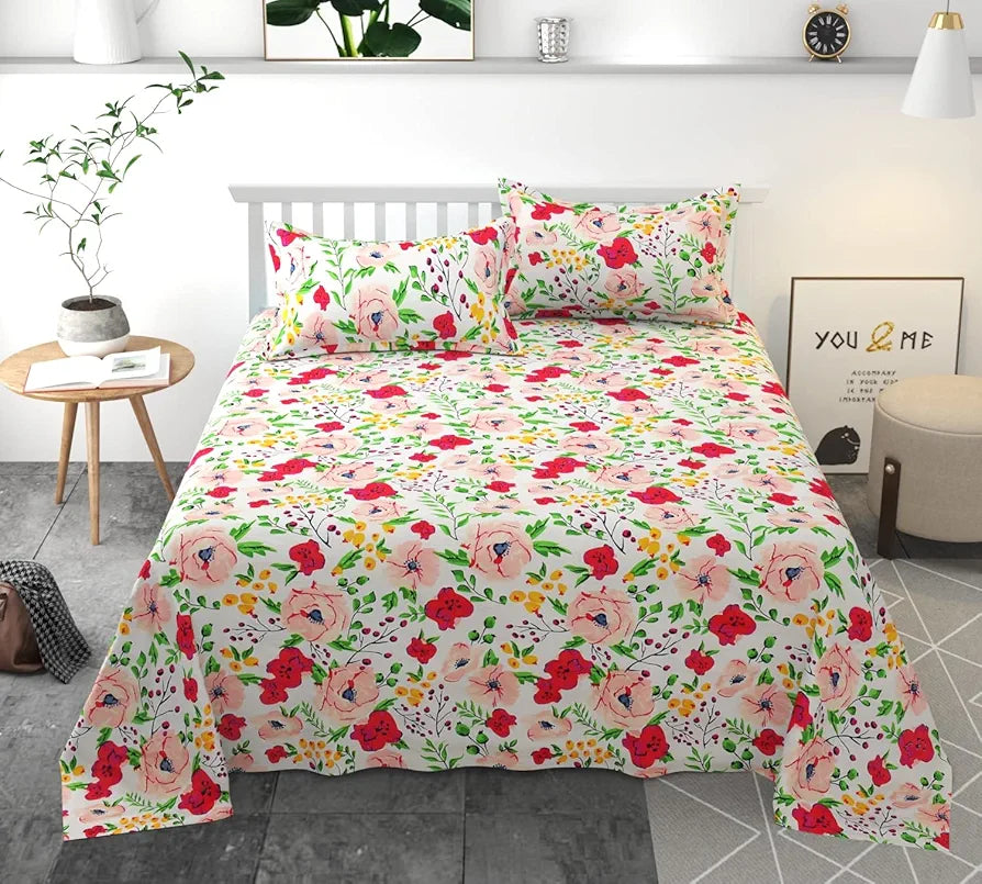 Homefab India 144 TC Microfiber Double Bedsheet with 2 Pillow Covers - Floral, White
