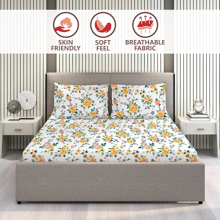 Layers Marigold 100% Cotton Bedsheet Set for All Seasons - Lightweight, Moisture Absorbent, Machine Washable & Easy to Care - Gift for Housewarming & More - 144 TC - King Size 