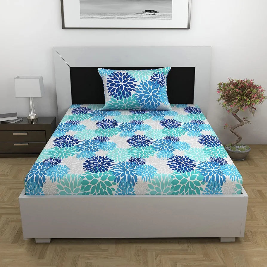 Divine Casa Bedsheet for Single Size Bed 144 TC Cotton Bedsheet for Single Size Bed with 1 Pillow Cover  Floral Blue Aqua Cotton Bedsheet