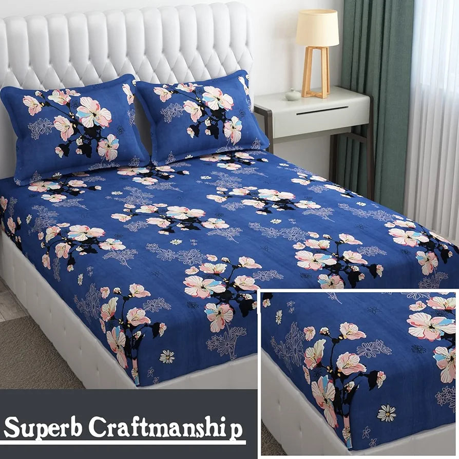 FRESH FROM LOOM Rotary Printed King Size Double Bedsheet-Hypoallergenic,Wrinkle Free Microfiber Bed Sheets With 2 Pillow Covers,144 TC,Blue