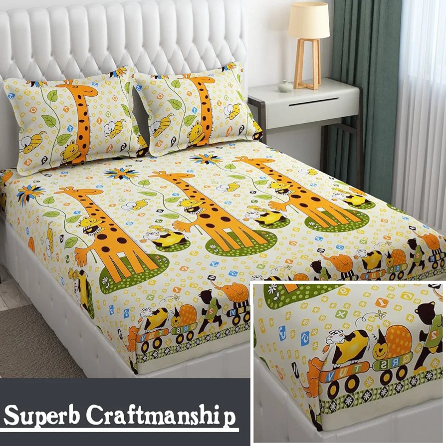 FRESH FROM LOOM Glace Cotton Wrinkle Free Soft Hypoallergenic Bed Sheet | Cartoon Printed | Double Bed King Size Kids Bedsheet , Yellow,144 TC