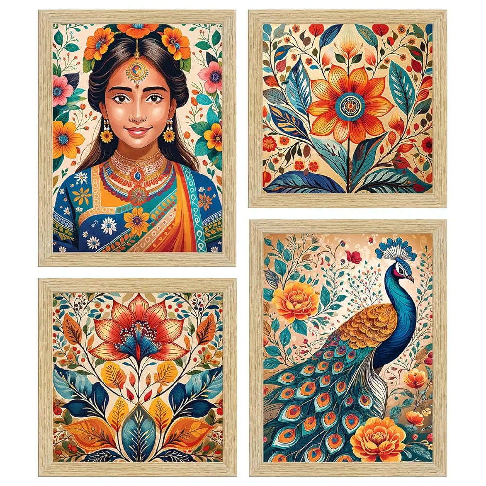 ArtX Paper Madhubani Art Paintings with Frame for Home Decor, Indian Wall Painting for Living Room, Multicolor, Natural Wood Color Frames, Set of 4