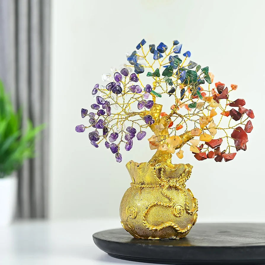 ZAICUS Lucky Feng Shui 7 Chakra Tree with Golden Money Bag Base - Healing Crystal Gemstone Bonsai Tree for Wealth, Prosperity, Positive Energy, and Home Decor, Good Luck Gift - 
