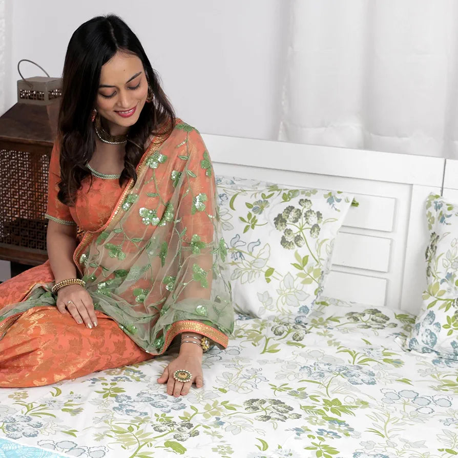 Divine Casa Double Size Bedsheet for Double Bed, 144 TC Pure Cotton Queen Size with 2 Pillow Covers | 222 by 254 cm | Floral | Mint Blue