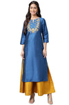 Janasya Women's Blue Poly Silk Yoke Embroidered Straight Kurta