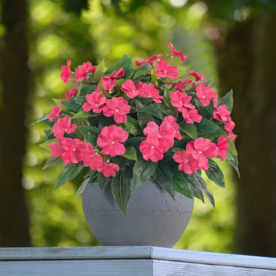 Uqueeten Artificial Impatiens Bouquet Flower Garden Bonsai Decoration Silk Impatiens Bouquet flowers for Outside Outdoor Planters