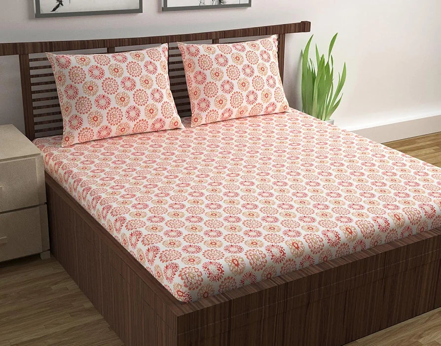Divine Casa - 144 TC Super Soft 100% Cotton Bedsheet for Double Bed  144 Thread Count - Floral, Red Orange| 222 x 254 cm