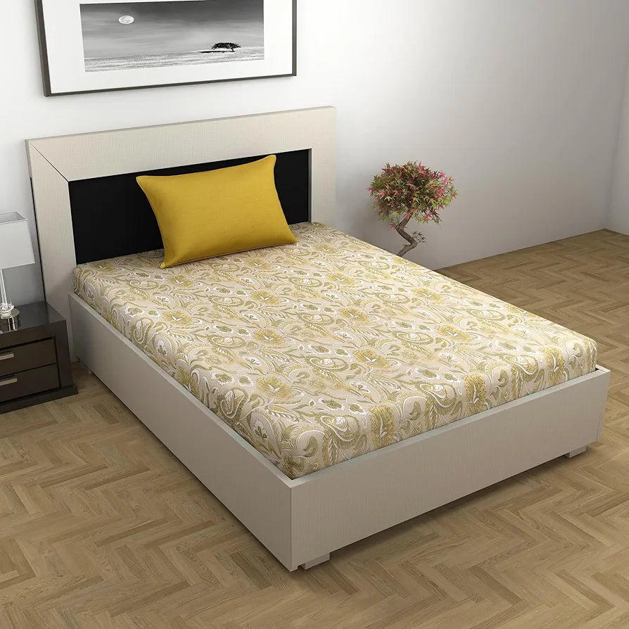 Divine Casa 144 TC Pure Cotton Single Size Bedsheet with 1 Pillow Cover | Soft & Durable for Everyday Use & Bedroom Decor | All-Season Comfort | 145 x 223 CM | Regal Paisley | Cream Golden Yellow