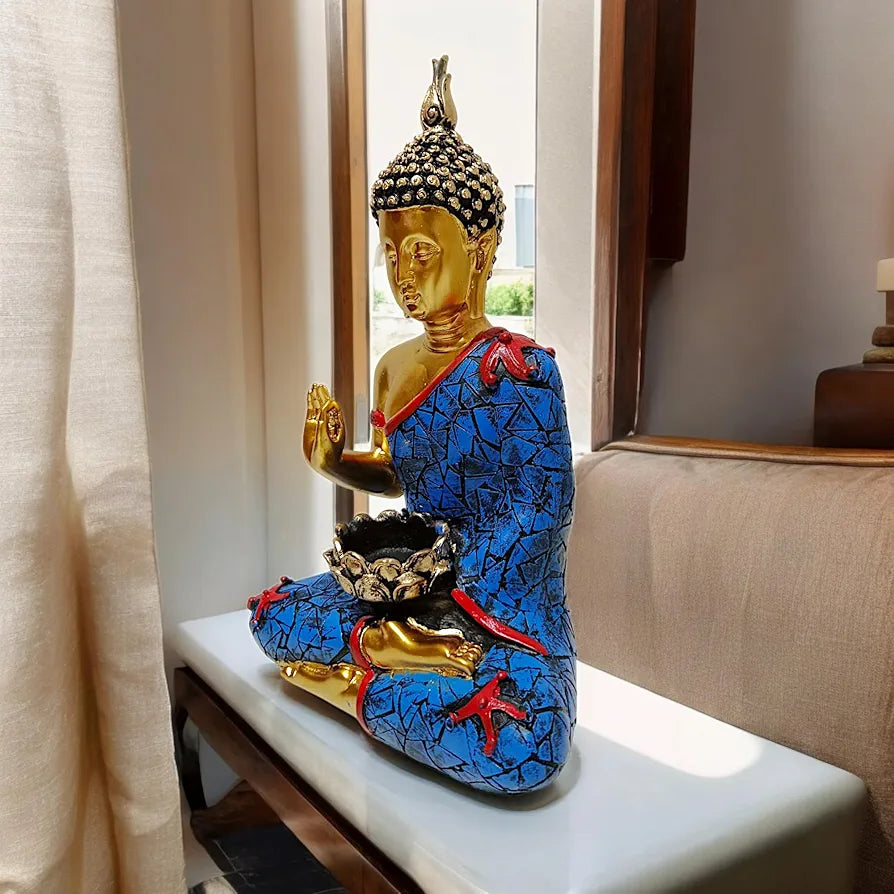 NEELAYA Meditating Buddha Statue with Tealight Candle Holder Polyresin Showpiece for Home Decor Living Room Office Vastu Gift Housewarming 28 cm Gold Blue