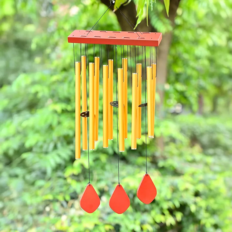 ZAICUS Wind Chimes for Home – Yellow Metal Pipes with Wooden Danglers | Home Decor Items for Balcony, Garden & Living Room