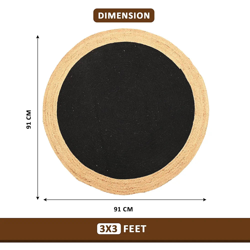 Kuber Industries 3x3 Feet Round Jute Rug & Carpet for Home/Bedroom | Natural Looking Floor Rugs for Living Room | Light Brown & Black