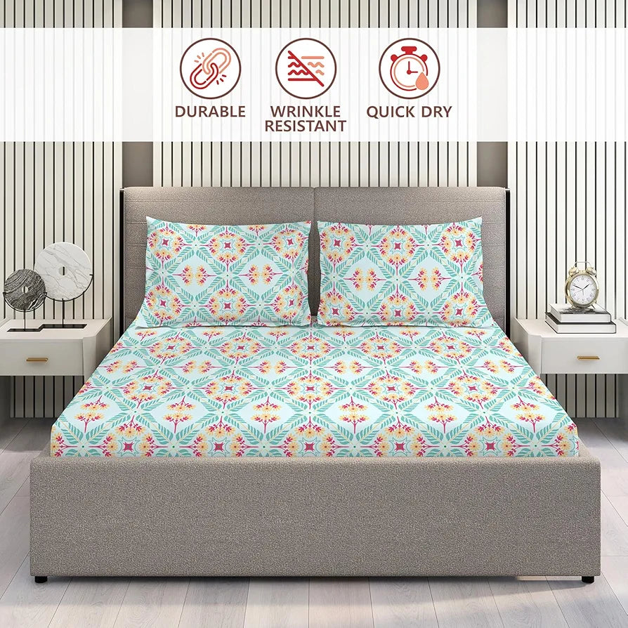 Layers Basicx 100% Cotton Bedsheet Set for All Seasons - Lightweight, Moisture Absorbent, Machine Washable & Easy to Care - Gift for Housewarming & More - 120 TC - Queen Size 