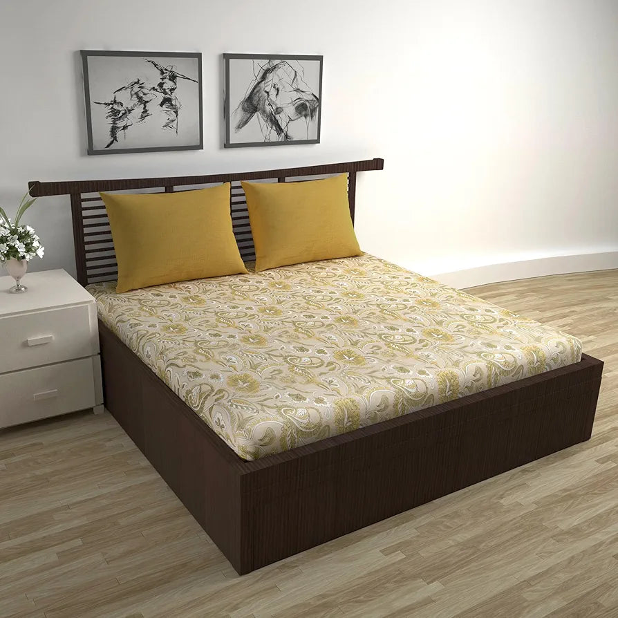 Divine Casa 144 TC 100% Pure Cotton Queen Size Double Bed Bedsheet with 2 Pillow Covers | Soft, Durable & All-Weather Comfortable Easy Care Sheet | Size 222 x 254 CM | Floral Paisley | Mustard Beige