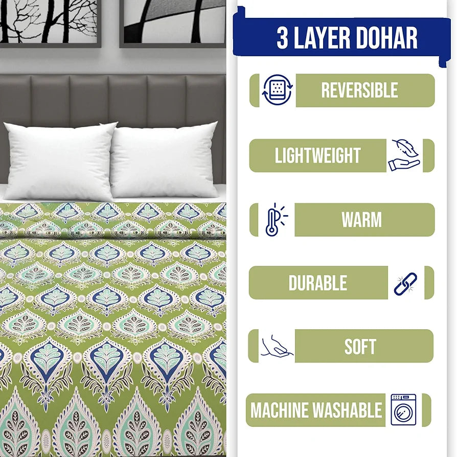 Divine Casa Floret 100% Cotton Single Dohar | 120 GSM | Soft & Lightweight Throw Blanket | Cozy & Breathable Bedding | All-Season Comfort | 210 x 140 CM, Palm Green