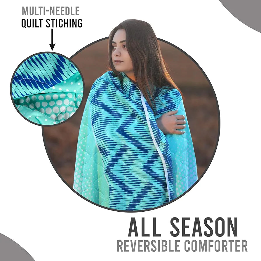 Divine Casa 120 GSM Microfiber Single Bed Comforter | Soft & Lightweight Reversible AC Blanket | All-Season 3-Layered Quilt | 230 x 140 cm, Aqua Chevron