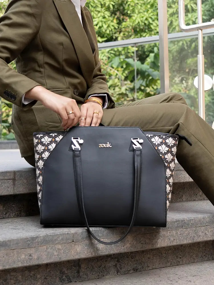 ZOUK Printed Jute Handcrafted Vegan Leather Black Women's Check-point Friendly Classic Business Bag