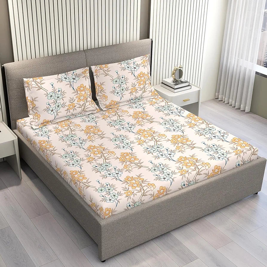 Layers Basicx 100% Cotton Bedsheet Set for All Seasons - Lightweight, Moisture Absorbent, Machine Washable & Easy to Care - Gift for Housewarming & More - 120 TC - Queen Size 