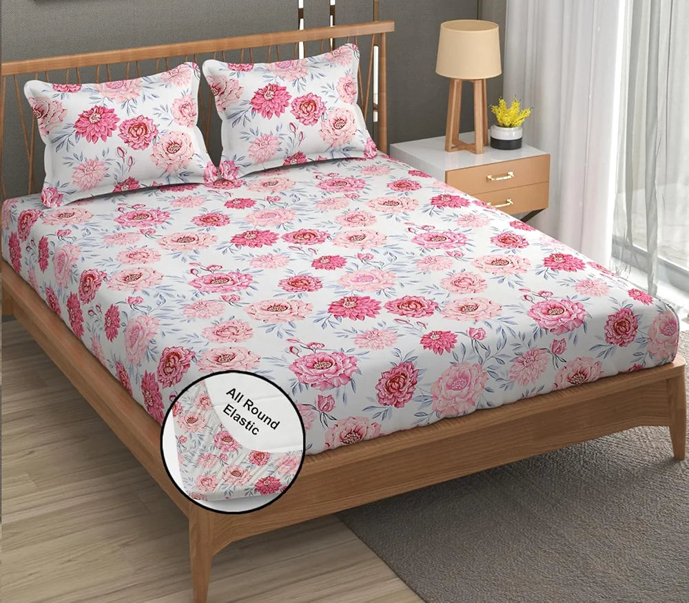 FRESH FROM LOOM Floral Print 240 TC King Size Microfiber Fitted Bedsheet Set - Soft & Anti Fade, 2 Pillow Covers Included  | Rose-Offwhite)