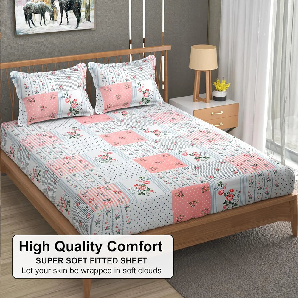 FRESH FROM LOOM Floral Print King Size Fitted Bedsheet Set - Microfiber, 240 TC, Hypoallergenic, 2 Pillow Covers Included  | Pink-White)