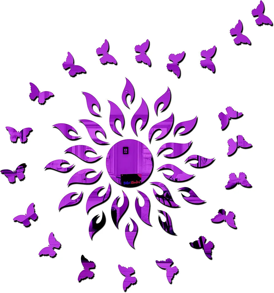 Bikri Kendra - Art BK153, Sun Purple with 20 Purple Butterfly - 3D Acrylic Mirror Stickers for Wall