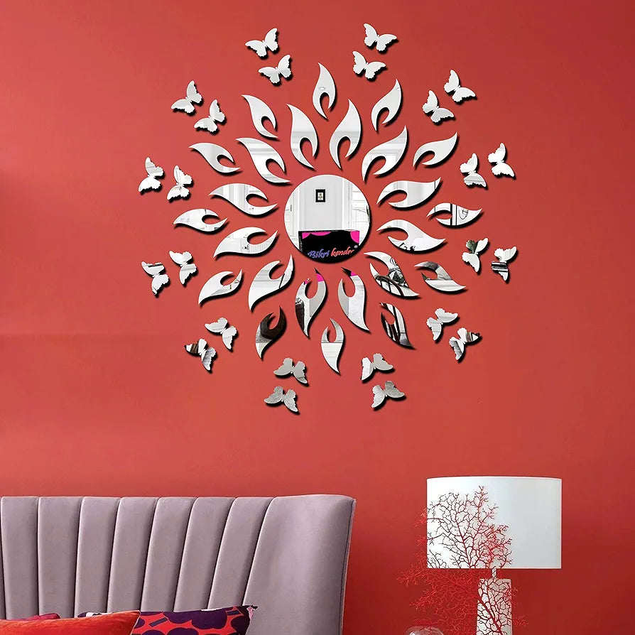 Bikri Kendra - Art BK68, Sun Silver with Butterfly Silver 20-3D Acrylic Mirror Stickers for Wall