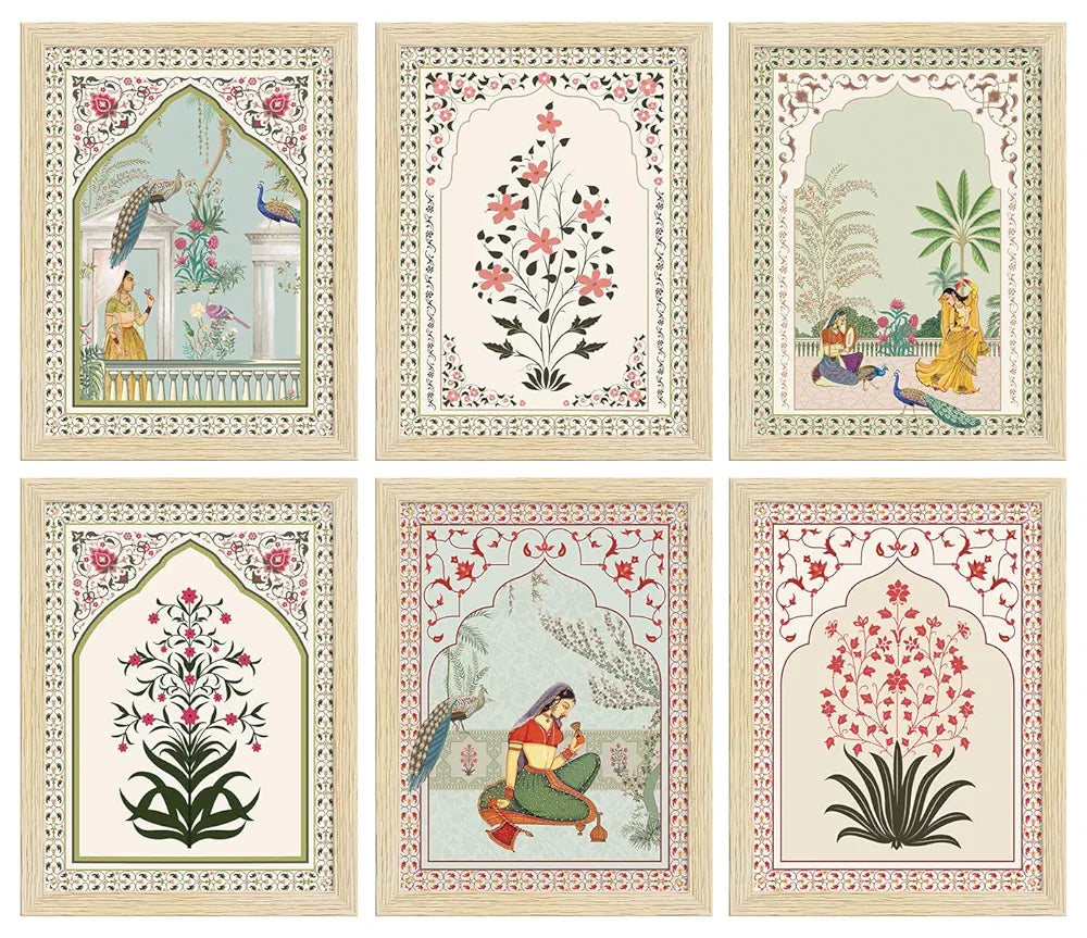 ArtX Paper Indian Rangmala Madhubani Art Paintings with Frame for Home Decor, Wall Painting for Living Room, Multicolor, Natural Wood Color Frames, Set of 6