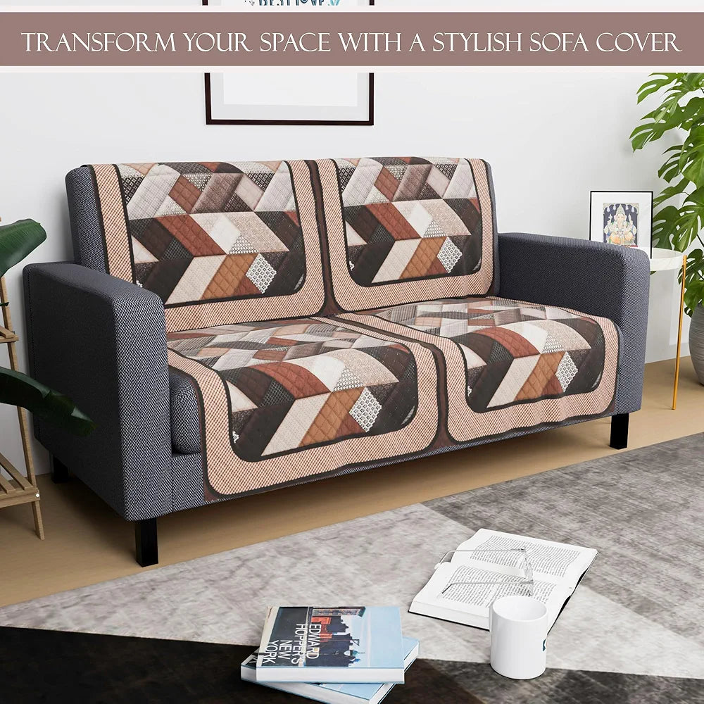 Kuber Industries Set of 4 Velvet 2 Seater Sofa Covers for Living Room | Easy Machine Washable Sofe ke cover for Home Comfort | Triangular-Cream & Brown