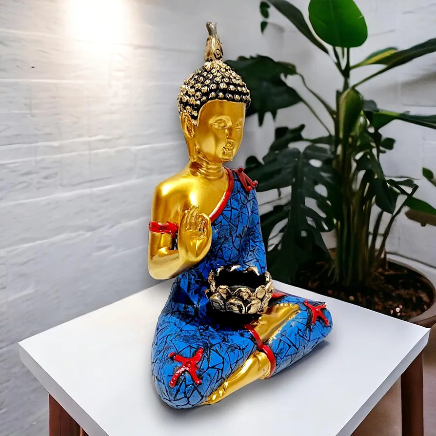 NEELAYA Meditating Buddha Statue with Tealight Candle Holder Polyresin Showpiece for Home Decor Living Room Office Vastu Gift Housewarming 28 cm Gold Blue