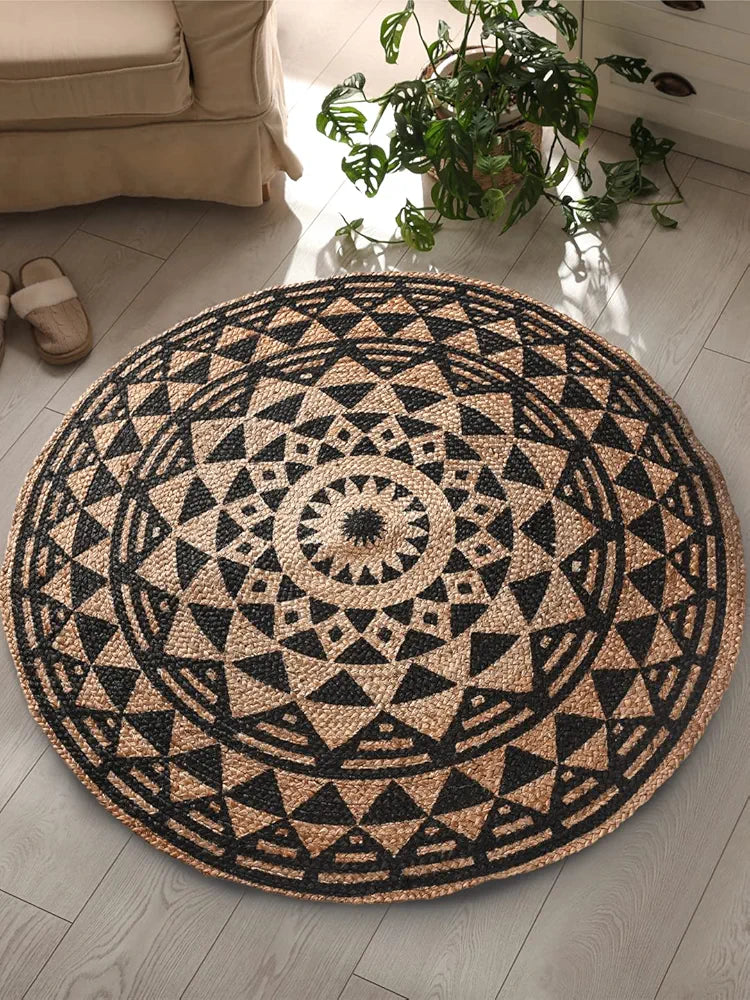SASHAA WORLD Handwoven Black Symmetric Design Jute Rugs Round Braided Floor Carpet Mat for Living Room, Bedroom, Dining, Office, Restaurant 