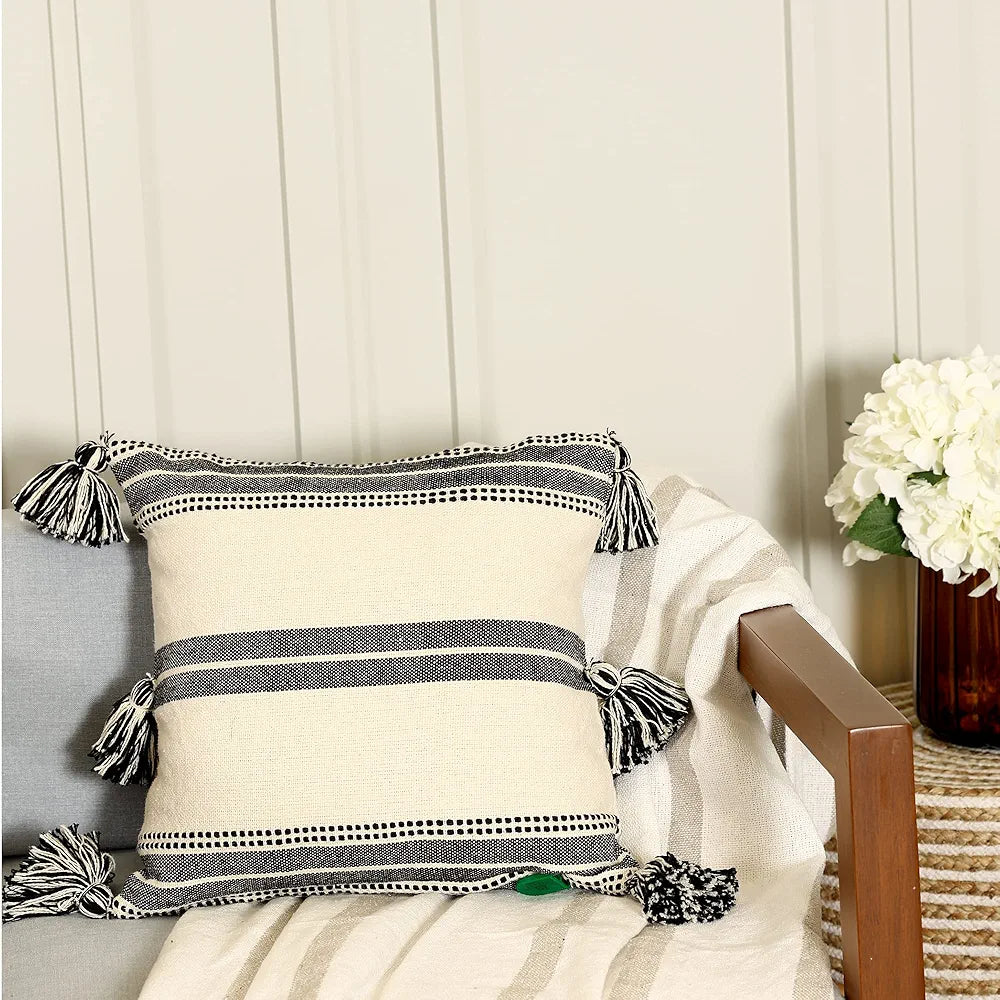 SASHAA WORLD Natural & Black Striped Cushion Cover | Decorative Pillow for Living Room, Bedroom, Dining Space | Timeless Country-House Style | 45x45 cm