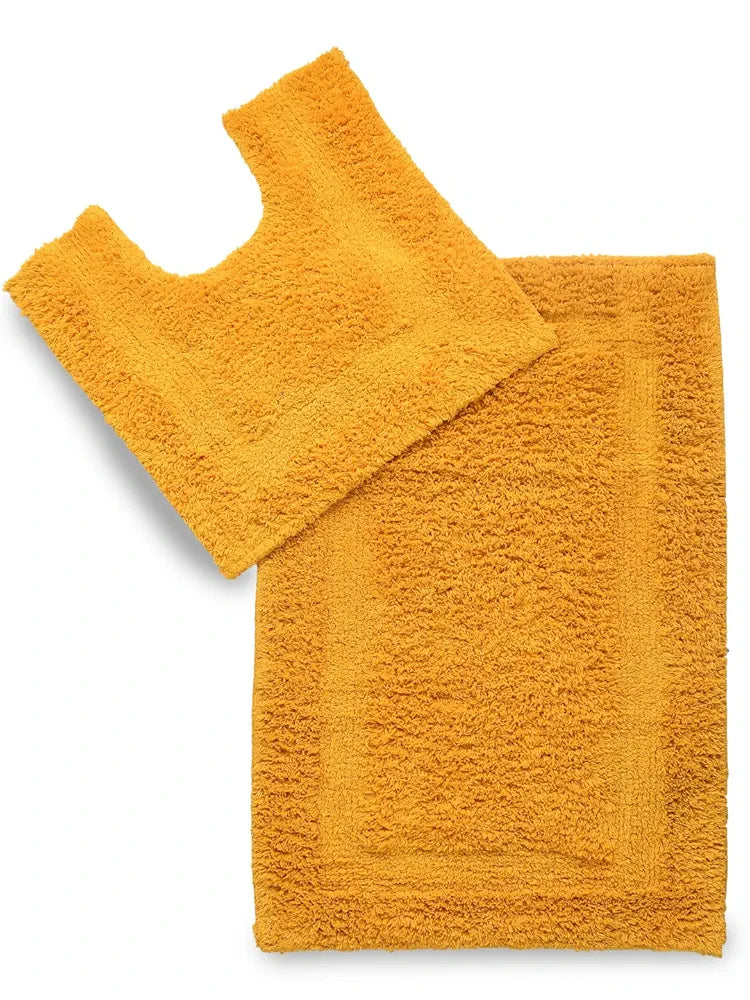 SASHAA WORLD Solid Anti-Skid Cotton Bathmat and Contour Set for Bathroom, Ultra Soft & Absorbent, Tufted Weave, Anti-Slip Latex Backing, Includes Contour & Rectangle Mat, 50X80cm, Yellow Pack of 2