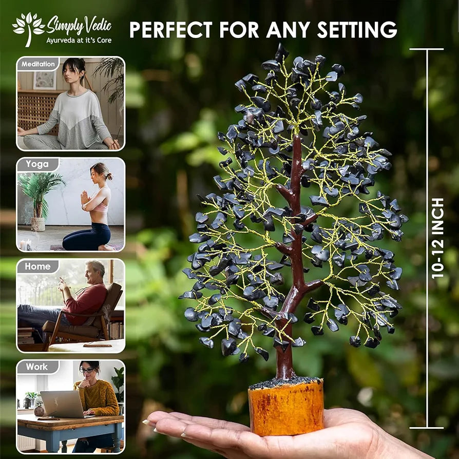Simply Vedic Chakra Black Agate Crystal Tree| for Positive Energy, Good Luck | Natural Healing Gemstones Moneytree Feng Shui, Spiritual Gift, Home Decor| Handmade by Traditional Artist, 28 Cm