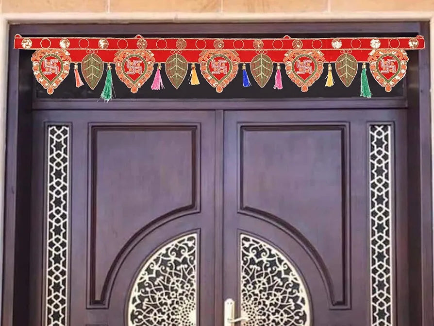 Swastik Design Toran for Door Leaf Design Toranam for Diwali Decoration Color Toran for Pooja Room Velvet Bandarwal Pompom Bandhanwar 