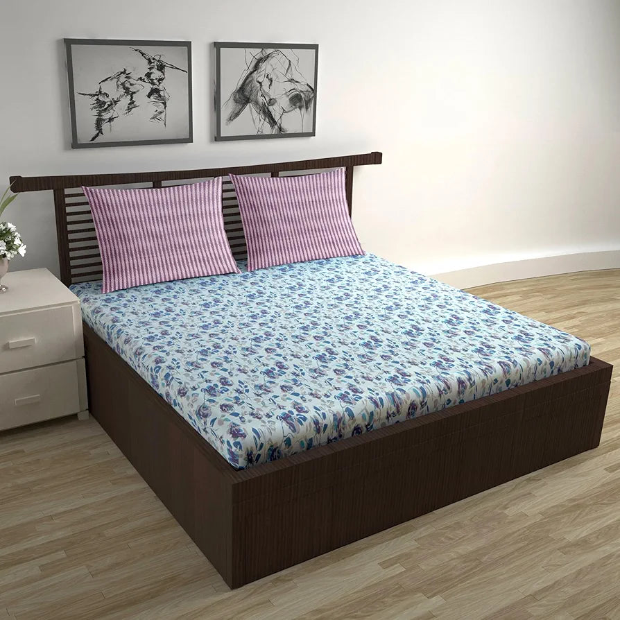Divine Casa 144 TC 100% Pure Cotton Double Bed Bedsheet with 2 Pillow Covers | Soft & Durable for Everyday Use & Bedroom Decor | All-Season Comfort | Size 222 x 254 CM | Bloom Floral | Lavender Blue