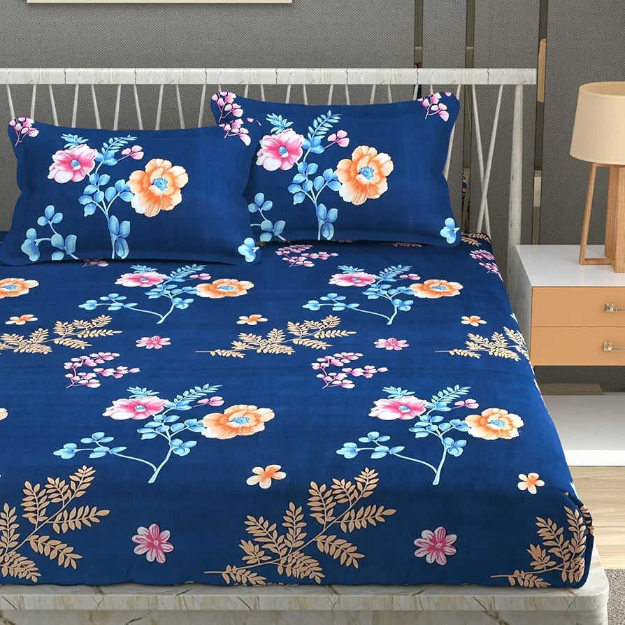 Homefab India 180 TC Microfiber Double BedSheet with 2 Pillow Covers -  -Blue, Floral