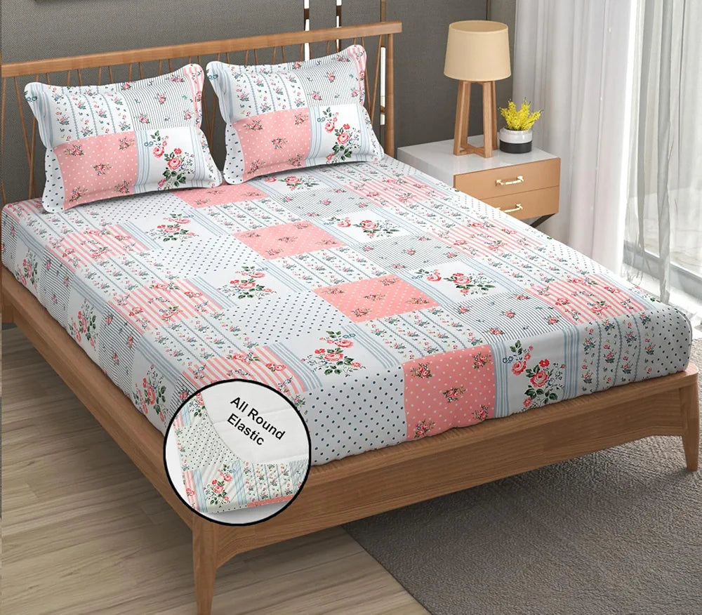 FRESH FROM LOOM Floral Print King Size Fitted Bedsheet Set - Microfiber, 240 TC, Hypoallergenic, 2 Pillow Covers Included  | Pink-White)