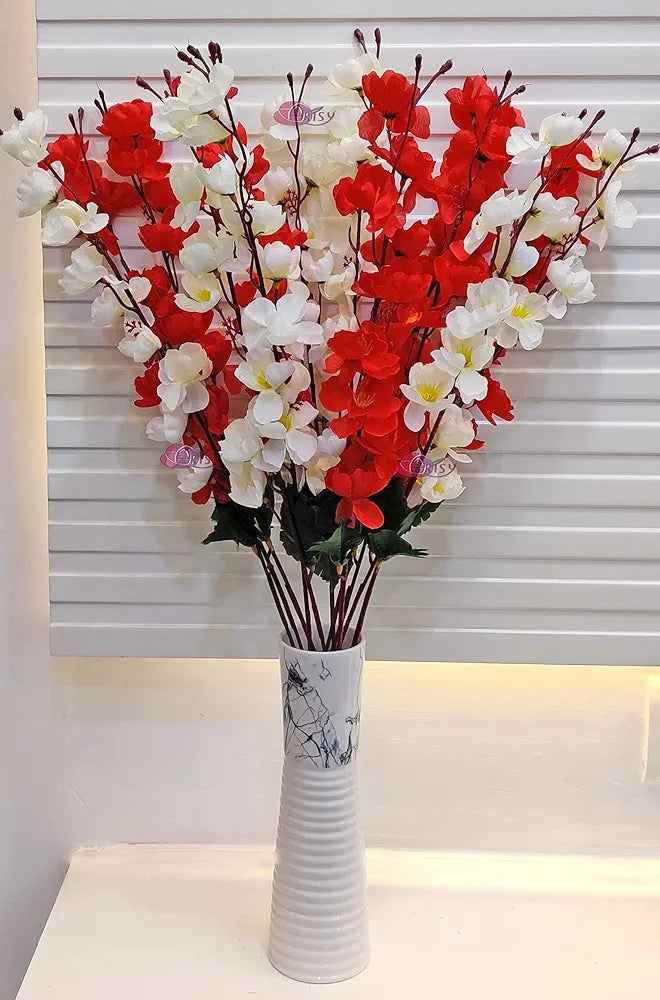 ARTSY® Artificial Flowers Bunch For Decoration Cherry Blossom, Ideal for vase, Home, Office decor, gifts, craft, artificial plants for decoration, Without vase, White Red, combo, 2 Piece, 55 cm height