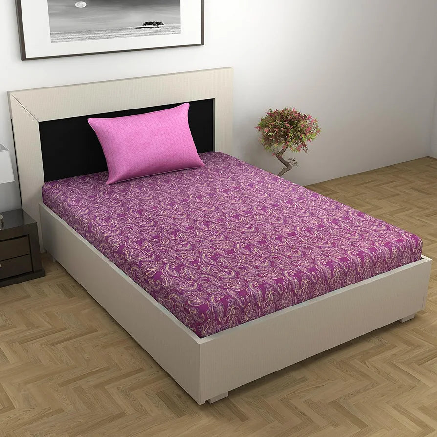 Divine Casa 144 TC 100% Pure Cotton Single Bedsheet with 1 Pillow Cover | Soft & Skin-Friendly Fabric for Everyday Comfort | All-Season Use | Size 223 X 145 CM | Royal Paisley Pattern | Cream Magenta