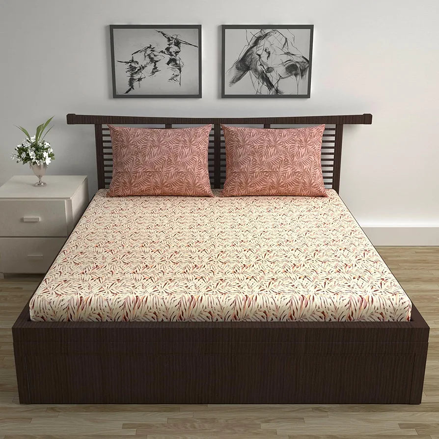 Divine Casa 144 TC 100% Cotton Double Bedsheet with 2 Pillow Covers | Soft, Durable & Skin-Friendly Fabric for All-Season Use | 254 x 222 CM | Tropical Leaf | Cream Brown | Bedroom Decor Upgrade