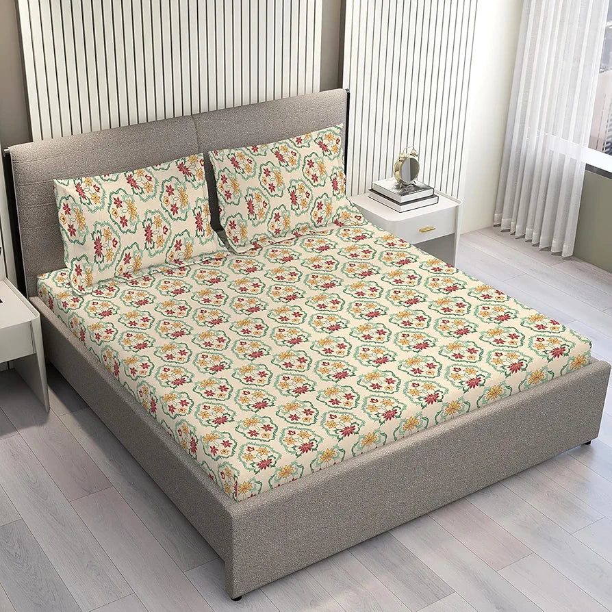 Layers Basicx 100% Cotton Bedsheet Set for All Seasons - Lightweight, Moisture Absorbent, Machine Washable & Easy to Care - Gift for Housewarming & More - 120 TC - Queen Size 