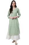 Janasya Women's Beige Green Cotton Botanical Block Print Straight Kurta - XS