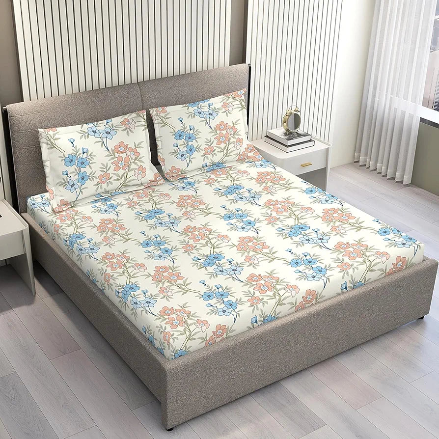 Layers Basicx 100% Cotton Bedsheet Set for All Seasons - Lightweight, Moisture Absorbent, Machine Washable & Easy to Care - Gift for Housewarming & More - 120 TC - Queen Size 