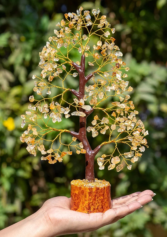 HindCraft Citrine Gemstone Crystal Tree Good Luck Showpiece for Home Decor Items Crystals Gemstones Bonsai Money Tree for Good Luck, Decoration Gift Item, Golden Wire, 10-12 inch